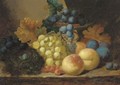 Grapes, peaches and a bird