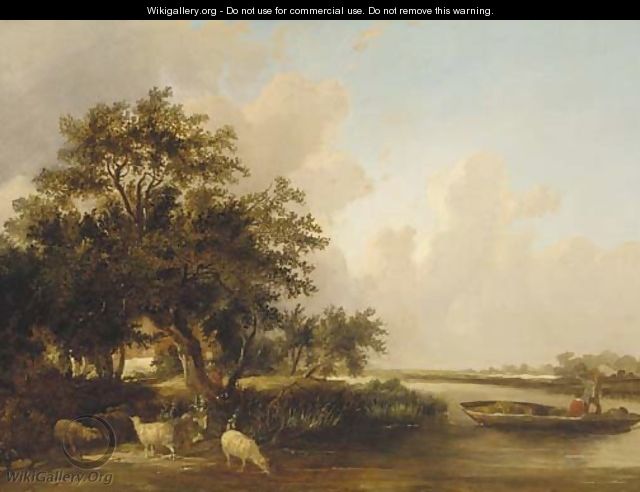 Figures in a punt with sheep watering in a wooded landscape - (after) Edward Charles Williams
