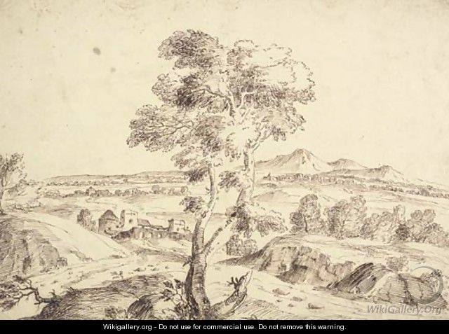An extensive landscape with a tree in the foreground - (after) Domenico Bernardo Zilotti