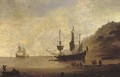 A man-o'-war at anchor before a hilly coast with figures in the foreground and shipping beyond - (after) Dirck Verhaert
