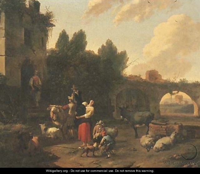 In Italianate landscape with herdsmen and cattle halting by a ruined mansion - (after) Dirk Van Bergen
