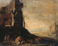 Travellers by classical ruins in an Italianate landscape - (after) Dirck Verhaert