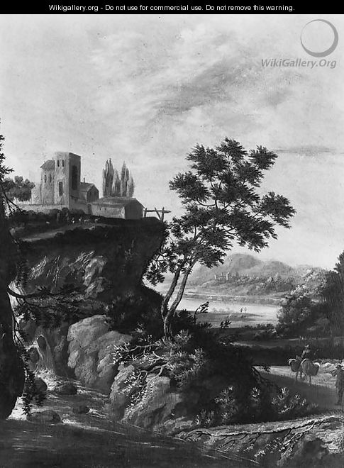 Travellers on a path near a torrent, a monastery on a cliff and a valley beyond - (after) Dionys Verburgh