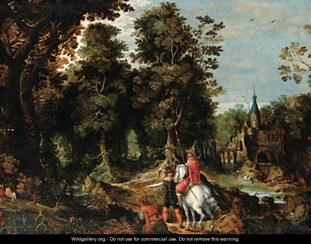 A wooded River Landscape with Sportsmen near a Castle - (after) David Vinckboons