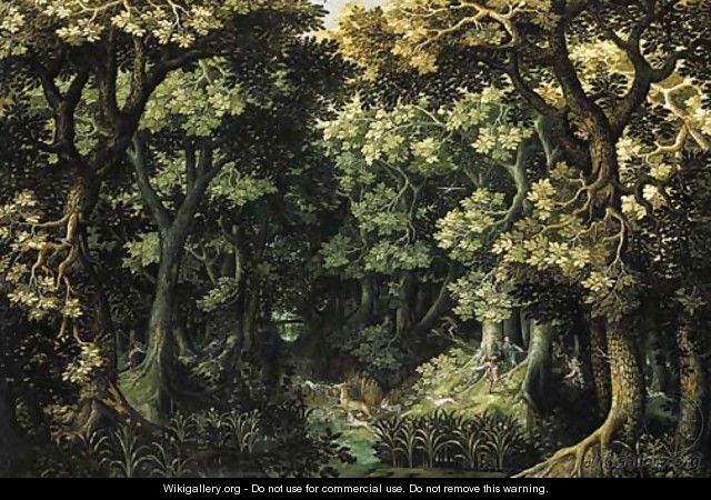 A wooded landscape with a stag hunt - (after) David Vinckboons