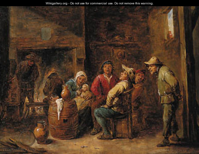 Peasants singing and a mother with her child in an interior - (after) David The Younger Teniers