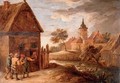 Figures outside a cottage, a town beyond - (after) David The Younger Teniers