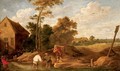 Figures fishing in a stream by a cottage - (after) David The Younger Teniers