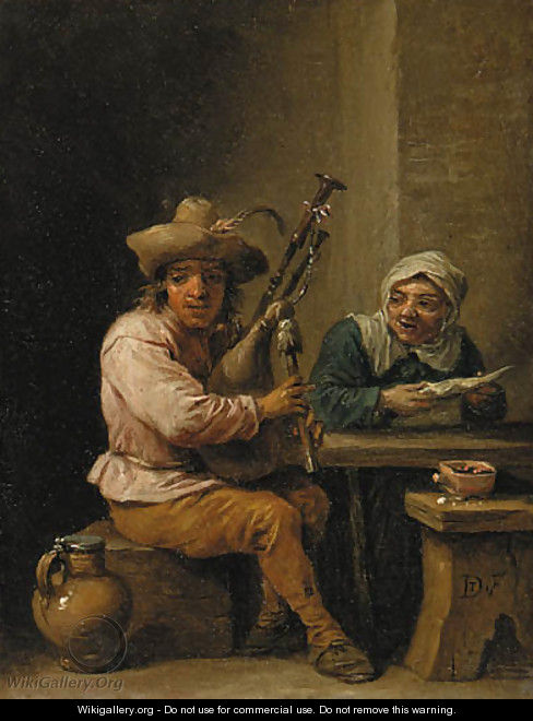 A bagpipe player with a lady reading a letter in an interior - (after) David The Younger Teniers
