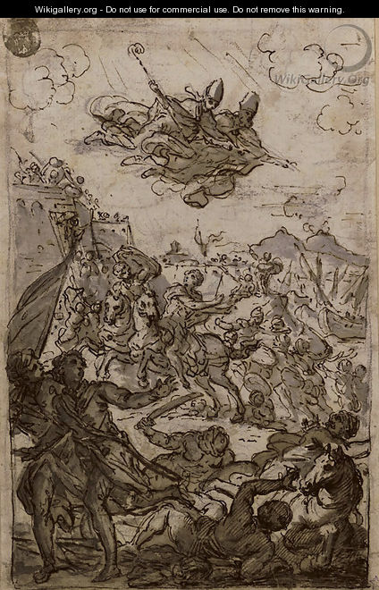 Two bishops intervening in a battle (recto5i); an angel (verso) - (after) Fedele Fischetti