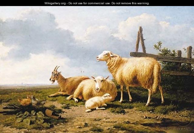 Sheep, a goat and chickens in a landscape - (after) Eugene Joseph Verboeckhoven