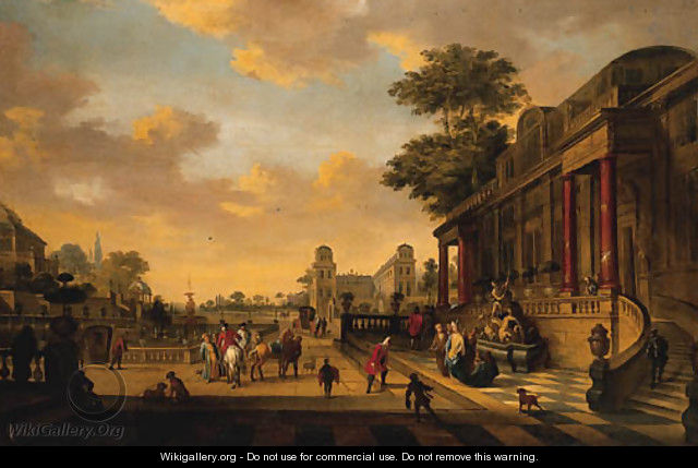 A Capriccio of a baroque Palace with a Lady greeting a Gentleman on a Terrace - Egbert Jaspersz. Van, The Elder Heemskerck