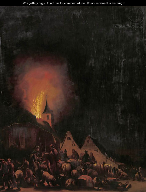 A village on fire at night - (after) Egbert Lievensz. Van Der Poel