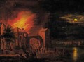 A town on fire at night - (after) Egbert Lievensz. Van Der Poel