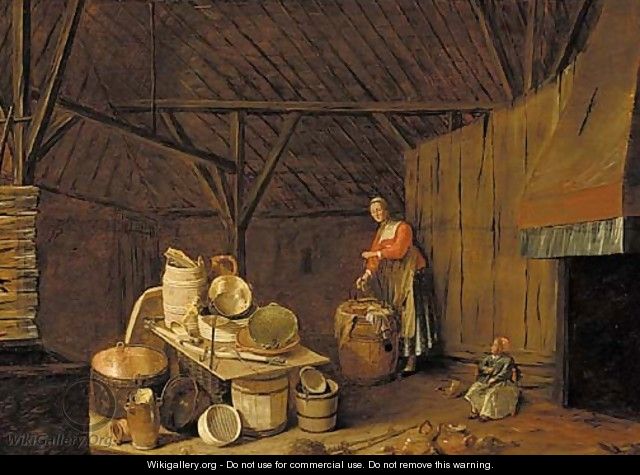 The interior of a barn with a woman washing clothes - (after) Egbert Van Der Poel