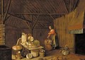 The interior of a barn with a woman washing clothes - (after) Egbert Van Der Poel