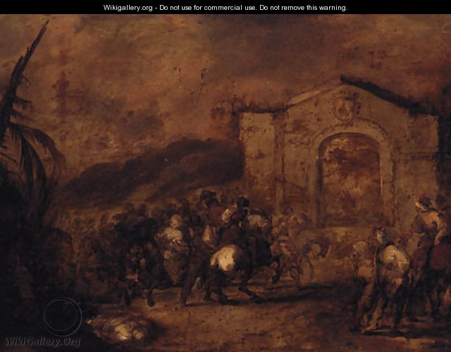 A cavalry skirmish before a classical gateway - (after) Francesco Simonini