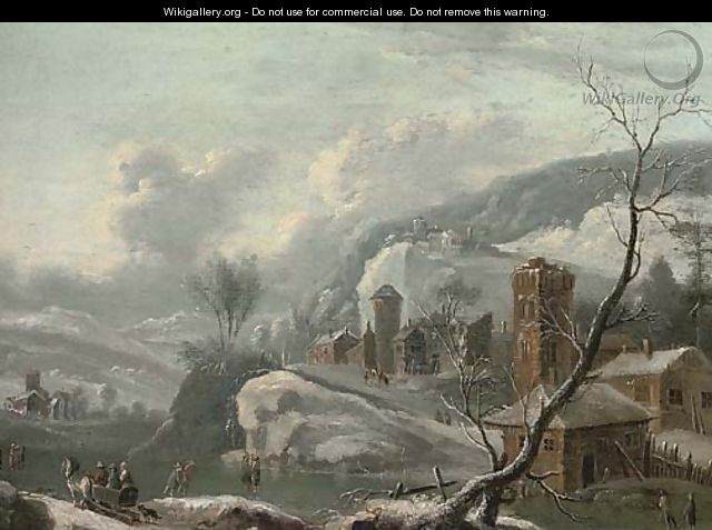 A winter landscape with figures skating, a town beyond - (after) Francesco Foschi