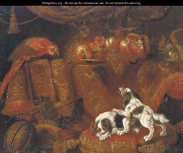 Two spaniels on gold trimmed red cushion - (after) Francesco (Il Maltese) Fieravino