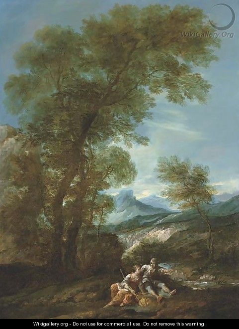A mountainous river landscape with a shepherd and shepherdess - (after) Antonio Diziani