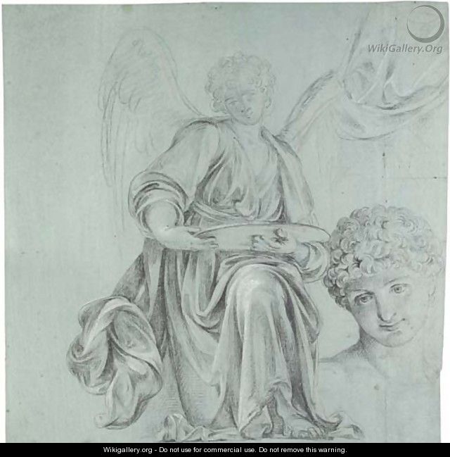 A kneeling angel presenting a salver, with subsidiary studies of his head and drapery - (after) Antonio Cavallucci