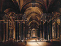 Elegant gentlemen greeting an acolyte in the nave of a Renaissance church - (after) Anthonie De Lorme