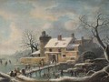 A winter landscape with skaters on frozen water and travellers on a bridge, a village with a watermill nearby - (after) Andries Vermeulen