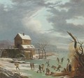 A winter landscape with skaters on a frozen canal, a house with a watermill nearby - (after) Andries Vermeulen
