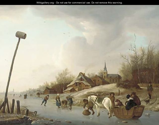A winter landscape with skaters and a cart on a frozen river near a village - (after) Andries Vermeulen