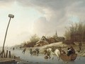 A winter landscape with skaters and a cart on a frozen river near a village - (after) Andries Vermeulen