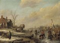 A frozen river with townsfolk skating and sledging - (after) Andries Vermeulen
