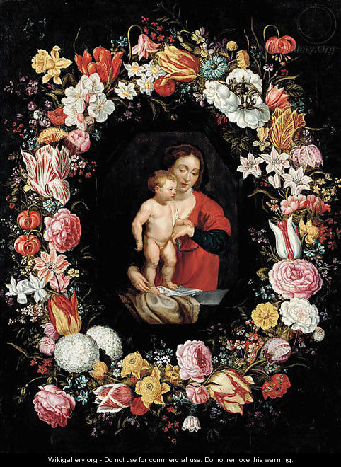 The Virgin and Child surrounded by a garland of flowers - (after) Andries Daniels Or Danielsz