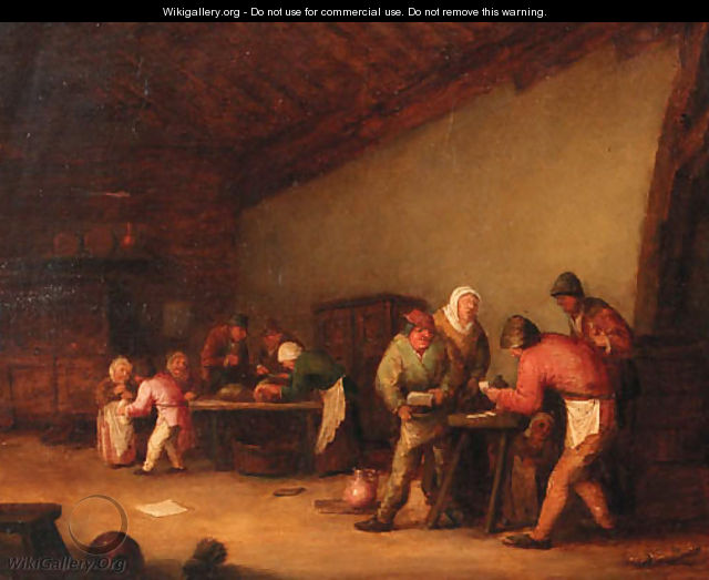 Boors playing at cards in a barn, children beyond - (after) Bartholomeus Molenaer