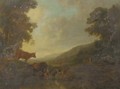 A landscape with shepherds and their cattle by a creek - (after) Balthazar Paul Ommeganck