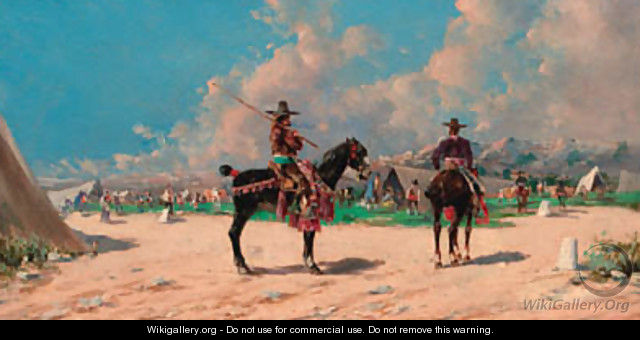 Spanish horsemen by an encampment - (after) Baldomer Galofre Gimenez