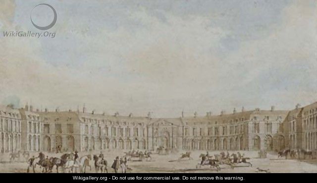Mounted cavalry before a continental palace - (after) Pugin, Augustus Charles