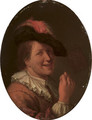 A man in a plumed hat making an obscene gesture - (after) Arie De Vois