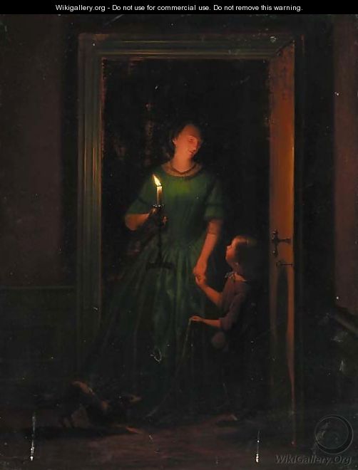 A Mother And Child At A Candlelit Doorway - (after) Charles Guillaume Rosier