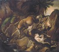 Hounds attacking two deer in a rocky river landscape - (after) Carl Borromaus Andreas Ruthart