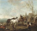 Figures and horses in a landscape - (after) Carel Van Falens Or Valens