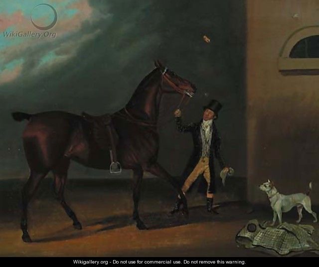 A bay racehorse with a groom and a dog outside a stable - (after) Clifton Tomson