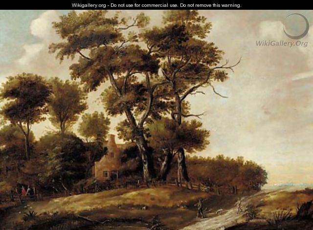 A wooded landscape with hunters and their dogs on a path, a house beyond - (after) Claes Jansz. Van Der Willigen