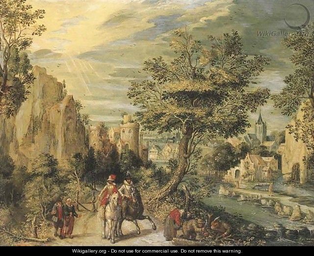 A rocky river landscape with horsemen - (after) Christoffel Van Den Berghe