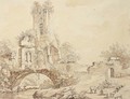 A ruined tower by a bridge, a herdsman asleep in the foreground - (after) Christian Gottlob Hammer