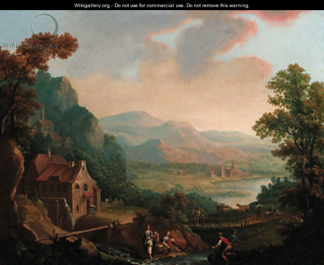 Figures before a river in an extensive landscape, a town beyond - (after) Christian Georg II Schutz Or Schuz