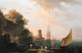 A Mediterranean coast with fishermen and other figures on the shore, a harbor and shipping beyond - (after) Charles Francois Lacroix De Marseille