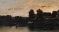 Cattle watering in a twilight landscape - (after) Charles-Francois Daubigny