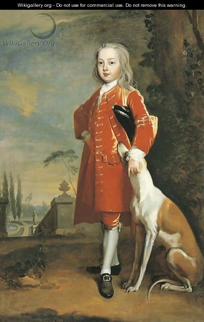 Portrait of a boy, full-length, in a red coat, a dog by his side, in a landscape - (attr. to) Jervas, Charles