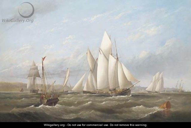 Vying for the start - a melee of big cutters in Osborne Bay, with the Royal Yacht Alberta heading for the pier below Osborne House - Arthur Wellington Fowles