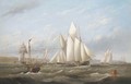 Vying for the start - a melee of big cutters in Osborne Bay, with the Royal Yacht Alberta heading for the pier below Osborne House - Arthur Wellington Fowles